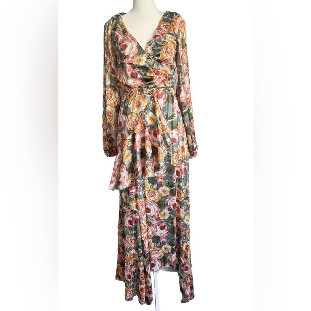 NWT Maxi Dress long Sleeve flowy asymmetrical chiffon floral metallic Sz S - Picture 3 of 12